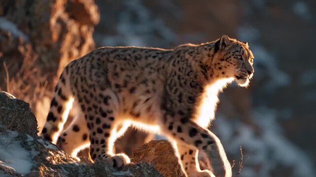 Snow leopard prowling rugged rocky cliffs