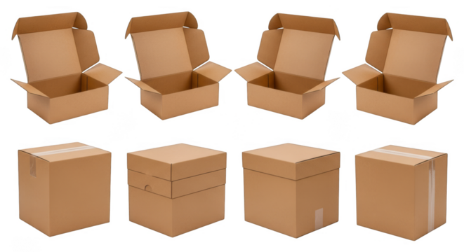 Assortment of Cardboard Shipping Boxes in Various Open and Closed States.