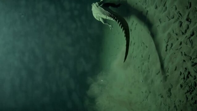 Crocodile swimming in murky underwater river
