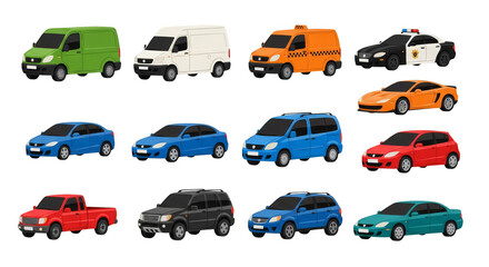A diverse collection of twelve colorful cartoon vehicles including a van taxi police car sports car sedan SUV and pickup truck shown in profile view.