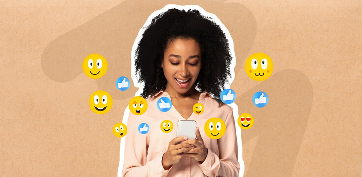 A young African American lady is smiling while engaged in texting on smartphone. Colorful emojis surround them, illustrating their joyful experience with social media and chatting.