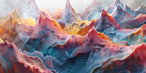 Vibrant panorama of a surreal mountain range with flowing, colorful liquid peaks.