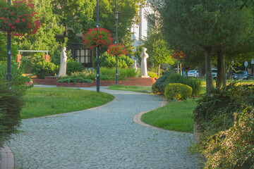 Poland, Upper Silesia, Gliwice, Doncaster Square in Summer, at Sunset