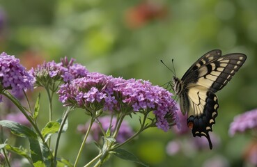 Yellow black butterfly Papilio machaon in mid-flight over purple Verbena bonariensis flowers in garden field. Vibrant purple flowers surround butterfly. Yellow black colors. Fast movement blurred