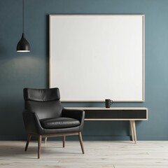 Modern interior scene with black leather armchair facing towards white wooden coffee table with black coffee mug. Soft blue hue fills room, creating calm atmosphere. White blank wall, wooden floor