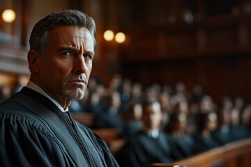 Fototapeta premium Legal professional with gray hair and serious expression, ideal representation of courtroom authority, judicial ethics, or government power.