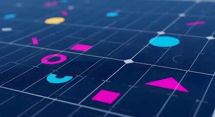 Abstract geometric shapes and grid pattern against a dark blue background. Sustainable green energy. Solar panel