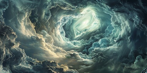 A majestic and immersive skyscape of a celestial vortex of swirling storm clouds