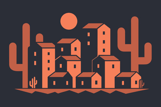 Geometric desert village scene with adobe-style houses and sun