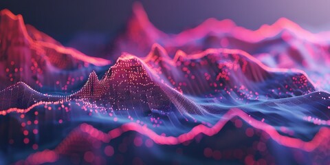 Futuristic data mountain range in cyberspace with glowing neon light formations.