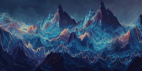 A futuristic digital mountain landscape composed of glowing data waves and energy lines.