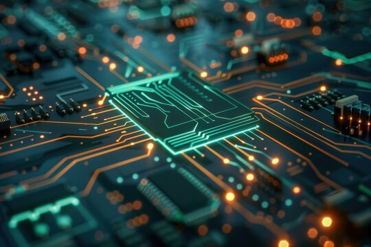 Abstract Circuit Board Design with Glowing Lights and Details