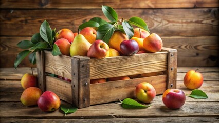 A rustic wooden crate brimming with a harvest of ripe, colorful apples and pears, nestled amongst vibrant green leaves on a weathered wooden surface