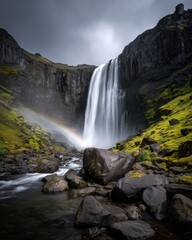 Fototapeta premium Majestic Waterfall in Iceland with Moss-Covered Basalt Cliffs and Rainbow