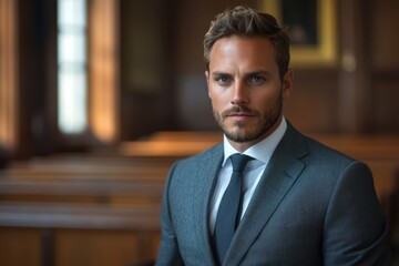 Fototapeta premium man in formalwear standing in a legal setting, ideal for concepts like courtroom preparation, legal advice, or public defense.