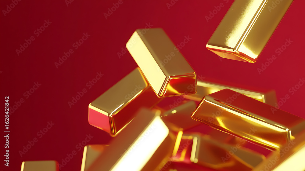 Poster a striking close-up of golden bars cascading on a red surface, symbolizing prosperity and luxury in 