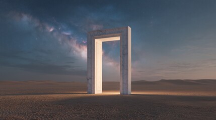 Glowing Ornate Doorway in Desert with View of Nebula and Starfield