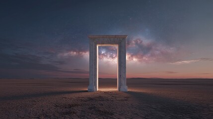 Glowing Ornate Doorway in a Desert at Twilight with Cosmic View