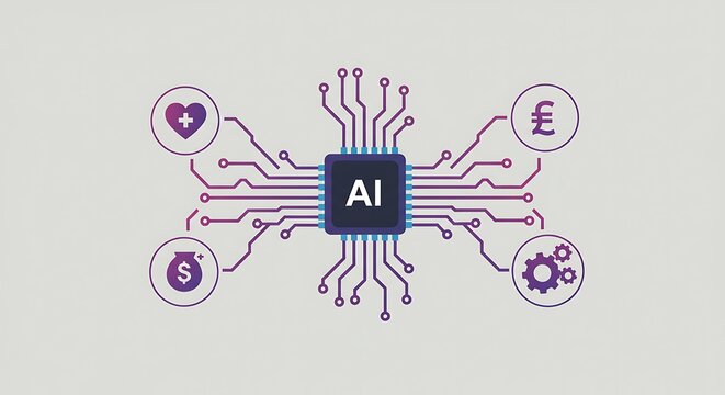 Abstract Ai Chip with Purple Circuits on Neutral Background - Powered by Adobe