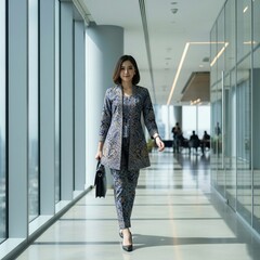 Elegant Businesswoman in Traditional Batik Attire Walking Confidently in Modern Office