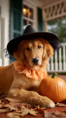 Halloween festive pet photo, Golden retriever dog wearing a witch hat and an orange collar poses next to a pumpkin on a porch decorated with autumn leaves for a halloween celebration