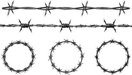 Barbed wire set vector spiked fence lines and circular barbed wire loops on white background