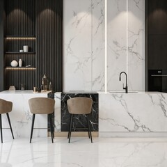 Modern kitchen with monochrome color scheme, marble countertop hosting sink, barstools. White vases, wine bottle on countertop. Black, white tiles on floor, striped wallpaper. Large window allows