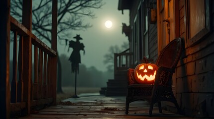 Jack-o'-Lantern on a Porch with a Scarecrow