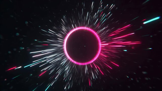 Seamless loop animation background wallpaper of abstract neon circle pulsing with multicolored light trails from the black center on dark background
