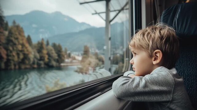 Young Caucasian boy with gray sweater and blonde hair looking out train window at scenic mountain landscape during daytime journey
