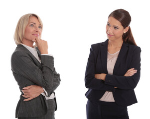Two businesswomen thinking and analyzing, isolated on white background


