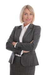 Serious businesswoman in gray suit with arms crossed, isolated on white background

