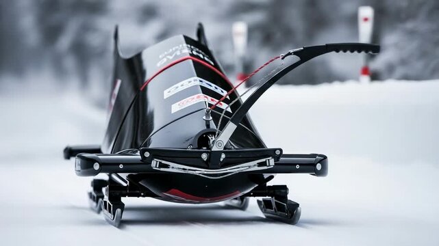 Close up of a modern bobsled on a frozen ice track. Winter sports competition and speed concept.
