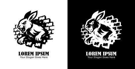 Logo design of a rabbit destroying a wall in anger