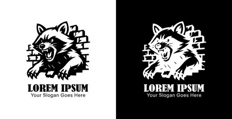 Logo design of a raccoon destroying a wall in anger © Yohanes