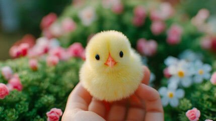 Farmer gently cradling a small, fluffy yellow chick in the palm of their hand, surrounded by a vibrant flower garden that adds a colorful backdrop to the scene