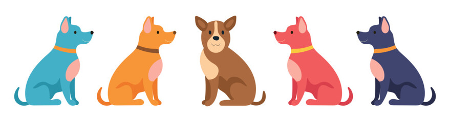 Vector illustration of five colorful cartoon dogs sitting in line. Minimalist flat style dog characters in profile view.