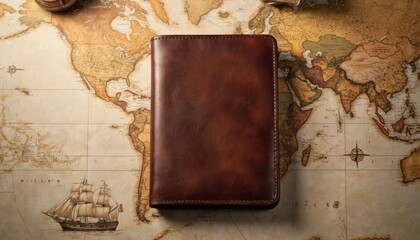 Leather-bound passport holder on map-themed background with sailboat illustration. Compact, minimalist design for travel and business trips. High-quality leather, stylish and elegant accessory.