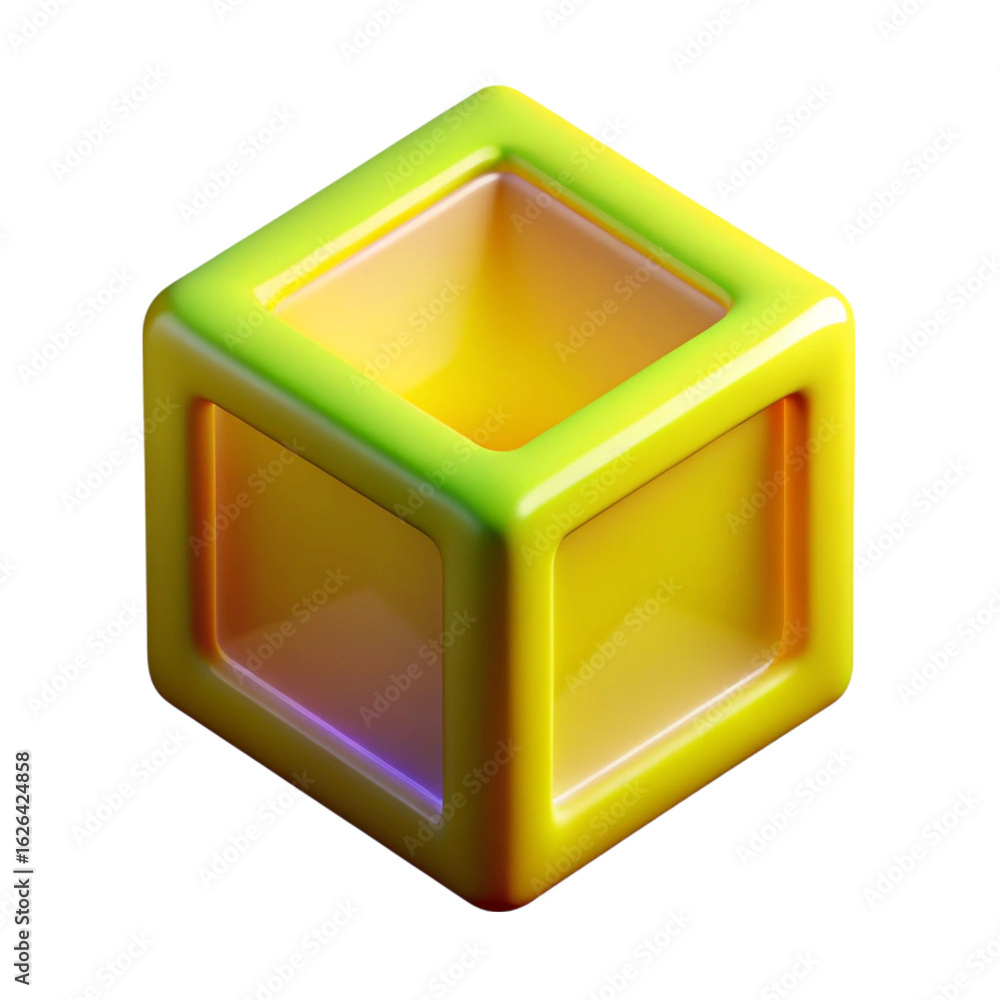 Poster 3d rendered isometric view of a glossy hollow yellow cube with green gradient