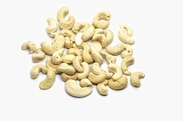 Close up of Cashew Nut Heap Isolated on White Background with Copy Space, Healthy Eating Dry Fruit