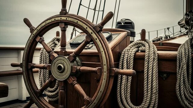 Vintage wooden ship's helm on the deck of a sailboat. Nautical navigation and maritime adventure concept with coiled ropes and rigging.