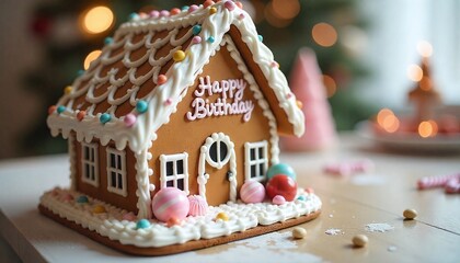 A festive gingerbread house decorated with icing and candies, displaying "Happy Birthday," sits on a table with blurred lights in the background.