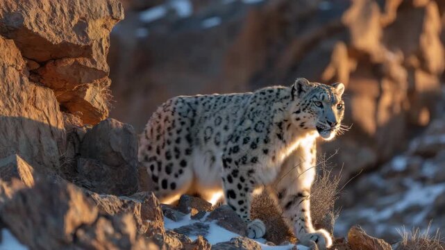 Snow leopard prowling rugged rocky cliffs