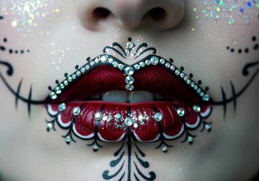 Close-up of artistic sugar skull makeup with rhinestones and glitter for Dia de los Muertos