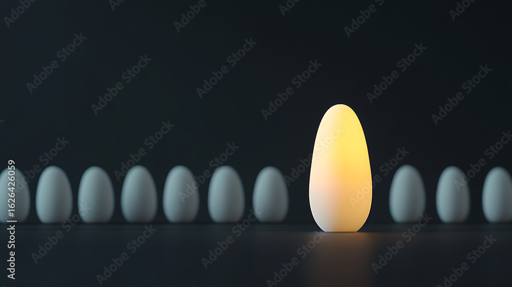 Poster lighted shape among a row of similar shapes in a dark setting. contrast and uniqueness are emphasize
