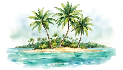 Serene tropical island scene with green palm trees on small island. Turquoise water surrounds island, connected by small archway. Isolated island with three palm trees - two tall, one shorter - with