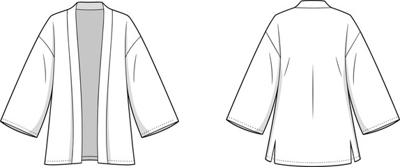 Open front kimono cardigan fashion sketch, technical flat drawing, front and back view, vector template for garment design