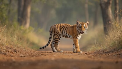 Fototapeta premium Young tiger cub stands on dirt road in forest. Vibrant orange and brown stripes contrast with muted earthy brown and rich green surroundings. Tiger body oriented to right.