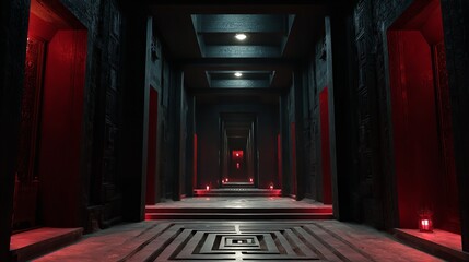 The design of the interior of the hall uses neon red illumination and rectangle columns. The room can be used as an exhibition space, museum, or night