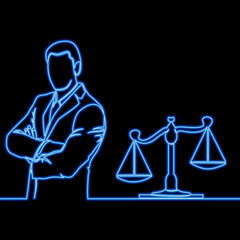 Businessman with Scales Concept of Justice, Balance, and Ethical Decision-Making in Business icon neon glow vector illustration concept